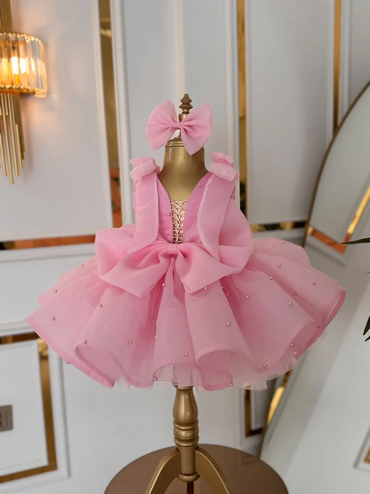 Pembe İncili Kabarık Abiye Elbise