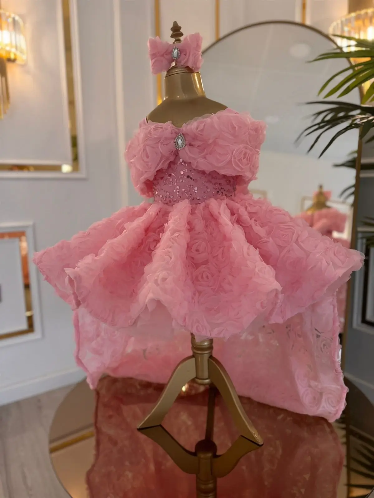 Rose Pembe Güpürlü Kuyruklu Abiye Elbise