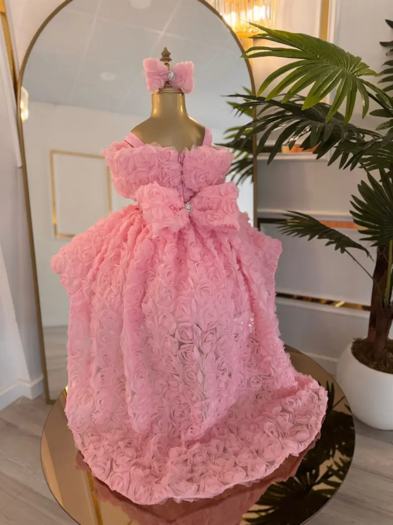 Rose Pembe Güpürlü Kuyruklu Abiye Elbise 2. görsel